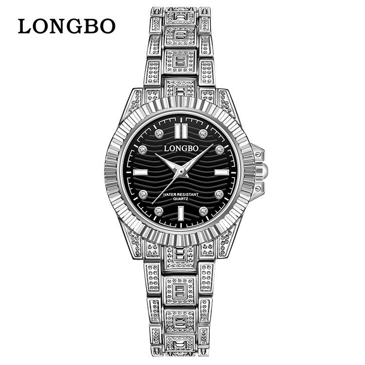 LONGBO 83611 Quartz Watches Waterproof Luminous Stainless Steel Calendar Full Diamond Gold Design Luxury Wristwatch for Couple