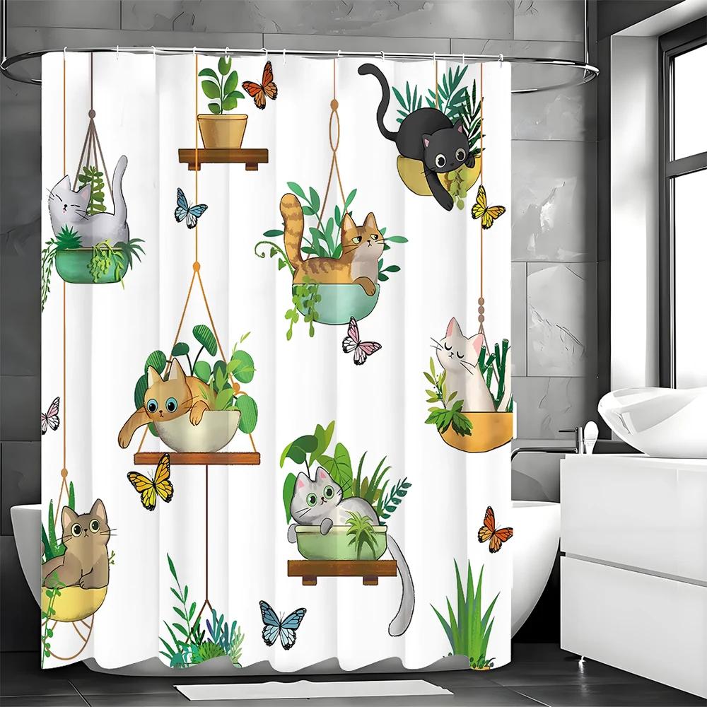 Cat Shower Curtain, Hanging Potted Kitten Plant Stand Bathroom Decorative Shower Curtain, Waterproof Shower Curtain with Hooks