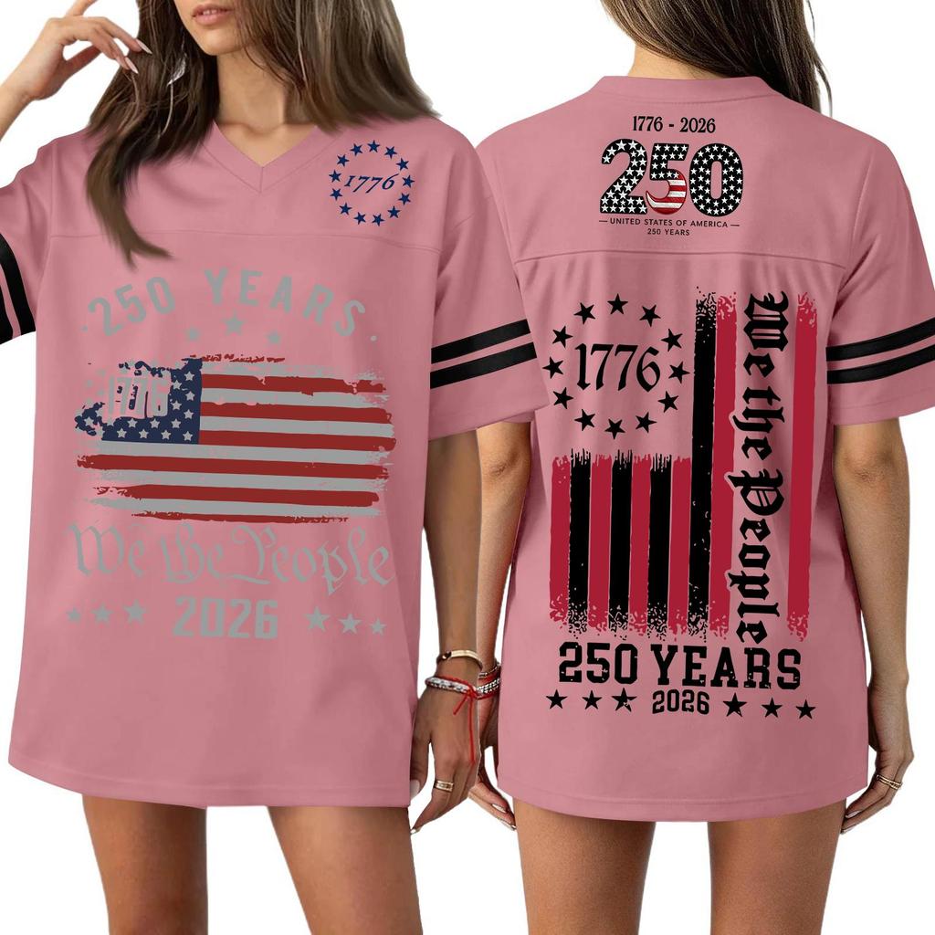 Womens Casual V Neck Jersey Style Short Sleeve Top 250th Anniversary Independence Day Print Loose Fit Sports T Shirt