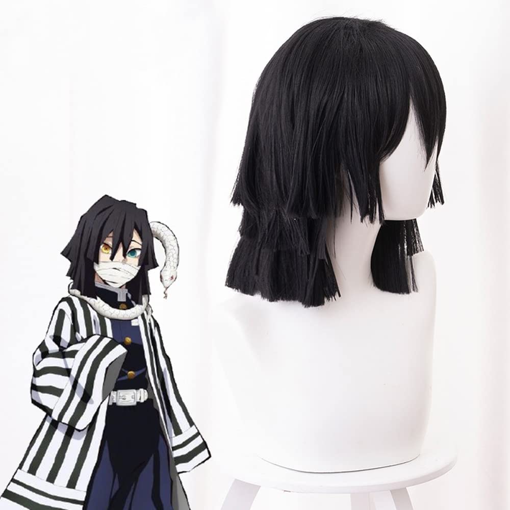 Anime Iguro Obanai Cosplay Wig Kimetsu no Yaiba Black Wig with Bangs Cosume Party Short Wigs