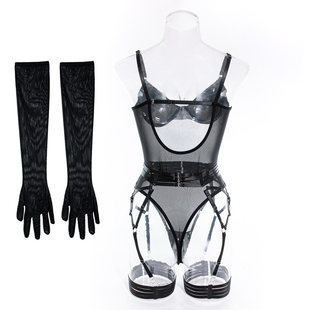 European and American Women Sexy Sheer See Through Bodysuit Patchwork Mesh Lingerie Shapewear with Straps and Gloves
