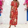 Women Plus Size V Neck Short Sleeve Red Floral Printed Long Straight Dress