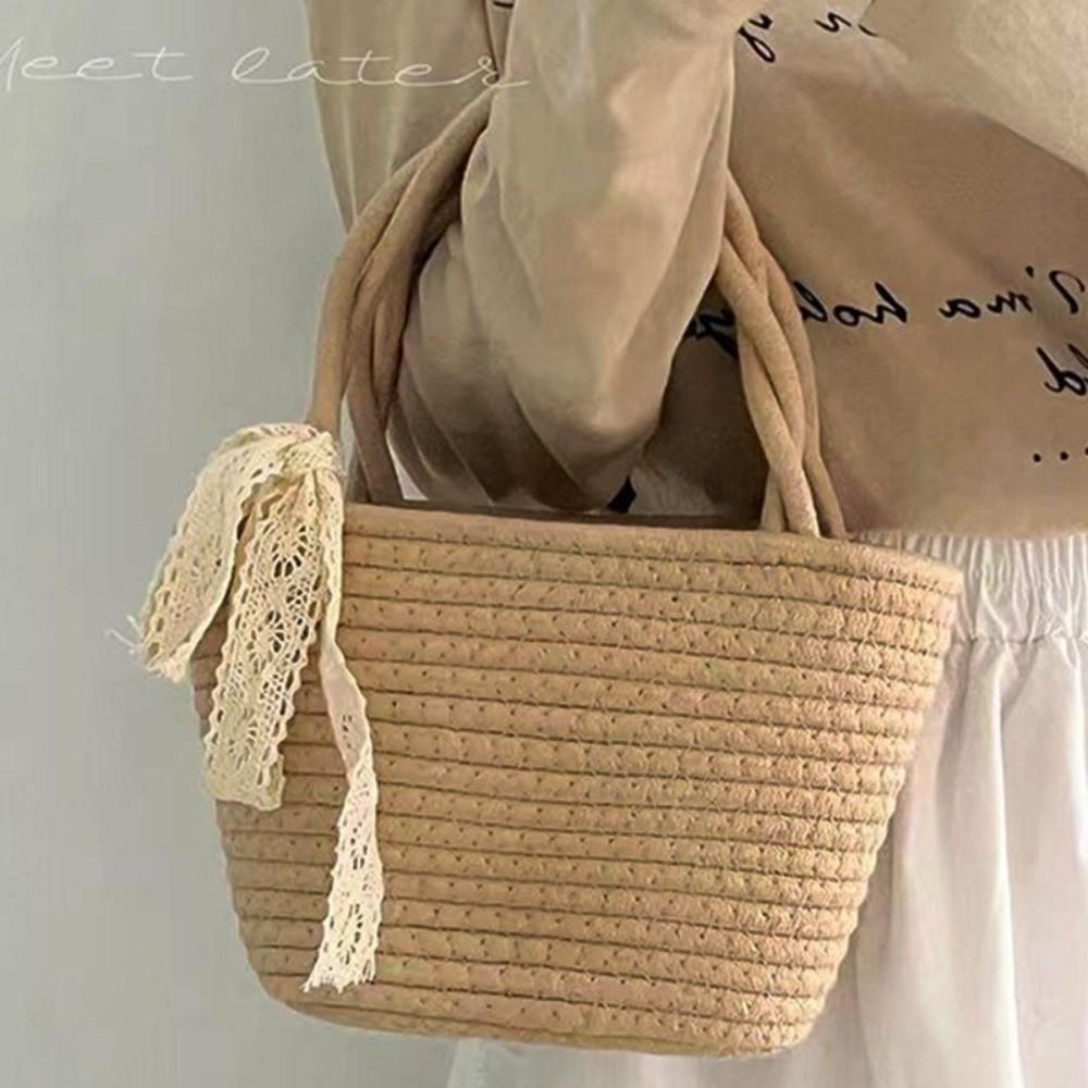 Cotton Thread Woven Cotton Rope Woven Bag Pure Color Lightweight Handbag Bucket Shape Boho Storage Basket Resort Wear