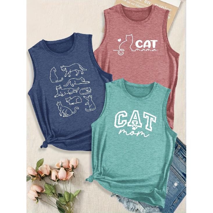 Simple Lines, Heart-shaped Kitty, English Letter Series, Sister Outfit with Printed Pattern, Round neck3Sleeveless Vest Spring/summer Women's Top