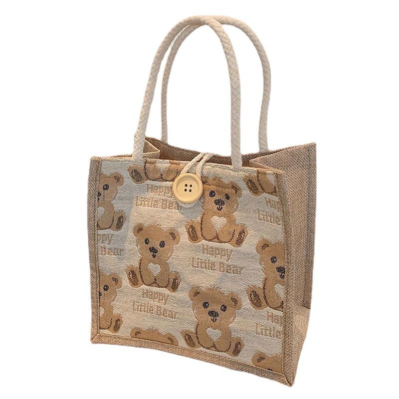 New linen handbag portable large capacity handbag bear student lunch bag small fresh shoulder handbag