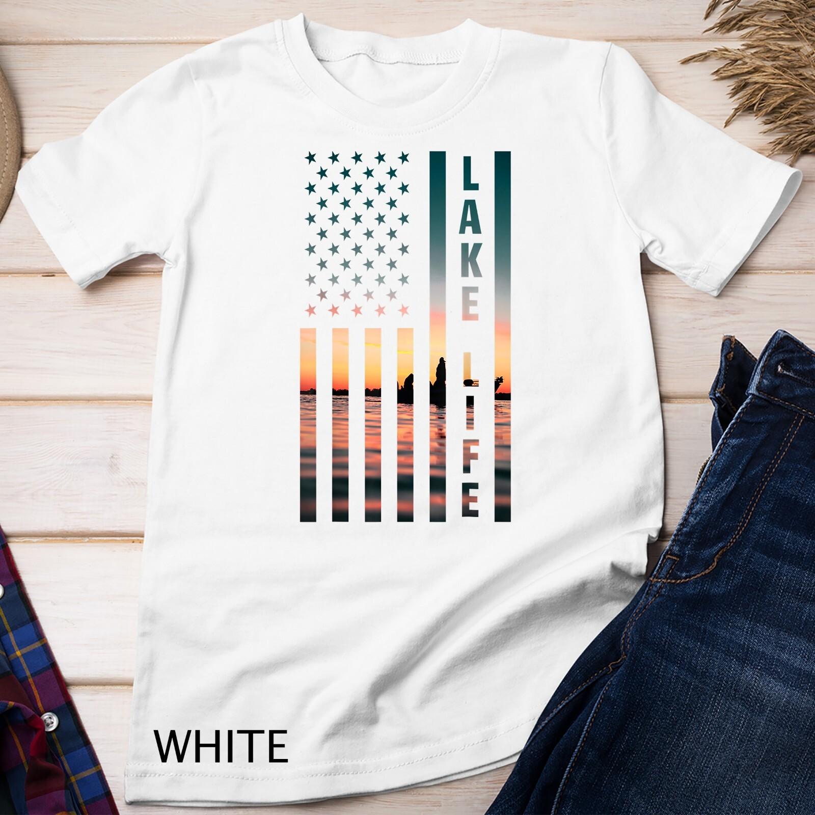 Lake Life Fisherman Sunset American Flag Bass Fishing Boat Unisex T-Shirt Mens Womens Tees Top S