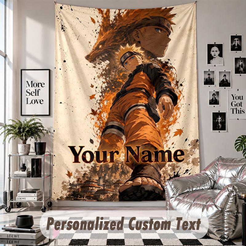 Wall Hanging Tapestry With Custom Name & Text, Naruto Decorative Tapestry For Bedroom