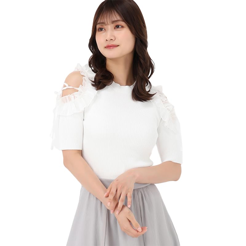 

Свитер женский Mishmash Knit Short White, рукав, прогулка, универсальный, с открытыми плечами, оборки, лента,