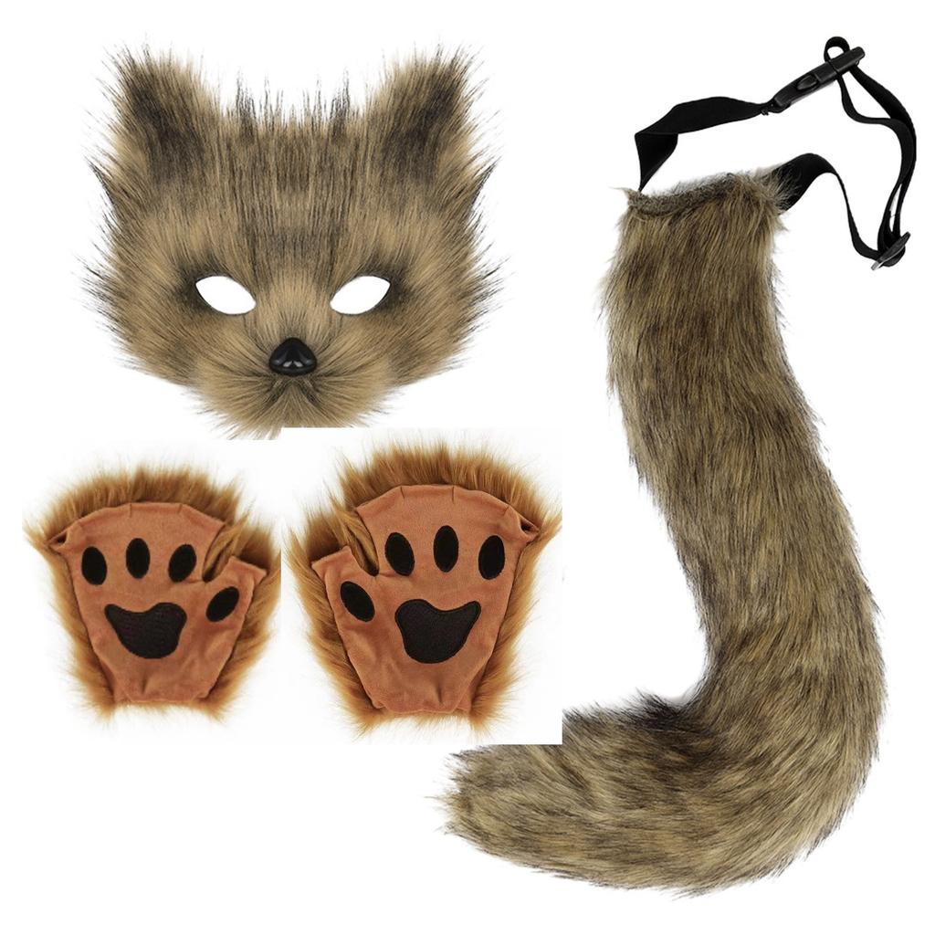Fluffy Fur Fox Tail Keychain Cat Paws Gloves And Wolf Therian Mask Set For Halloween Cosplay Costume Accessories Mask Sets