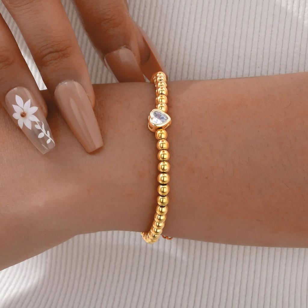 2026 Chic Zircon Heart-shaped Bracelet for Women, Stainless Steel Gold Plated Ball Beaded Bracelet, Luxury Jewelry Gift