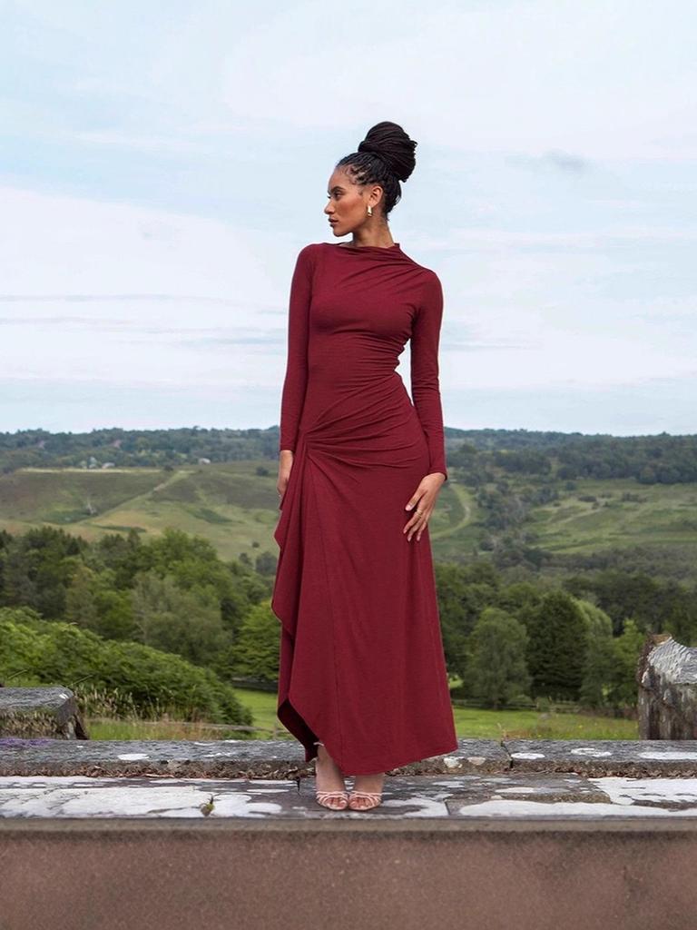 Autumn New Style Fashion Design Solid Color Crew Neck Asymmetrical Hem Slim Fit Dress