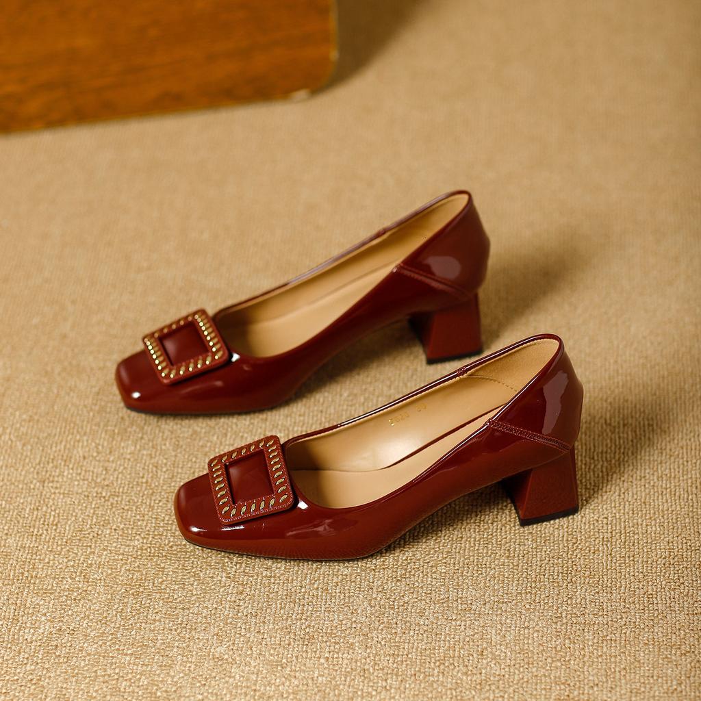 Thick heel high heels are not tired of square buckle red wedding shoes 2026 spring patent leather square head medium heel shallow mouth single shoes