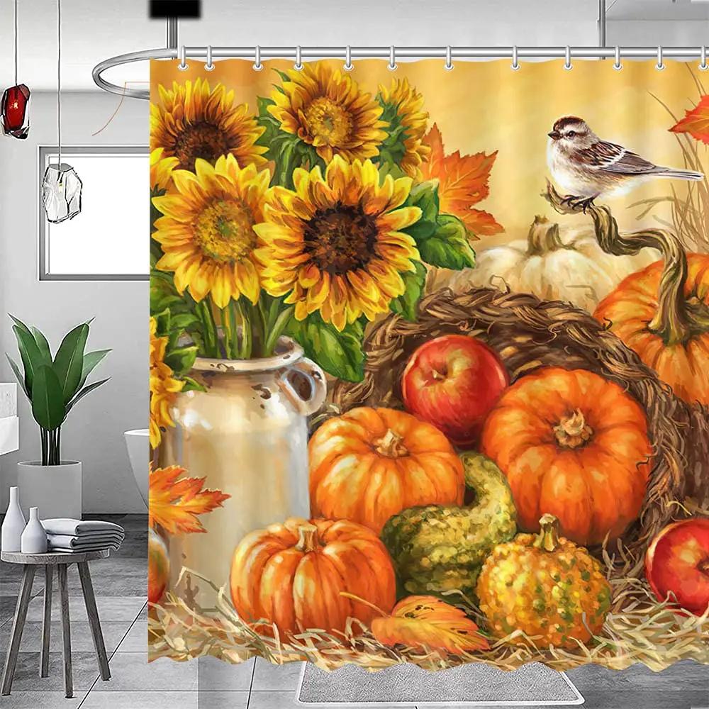 Thanksgiving Shower Curtain,Cartoon Turkey And Autumn Leaves Shower Curtain For Bathroom Decor Polyester Waterproof Bath Curtain