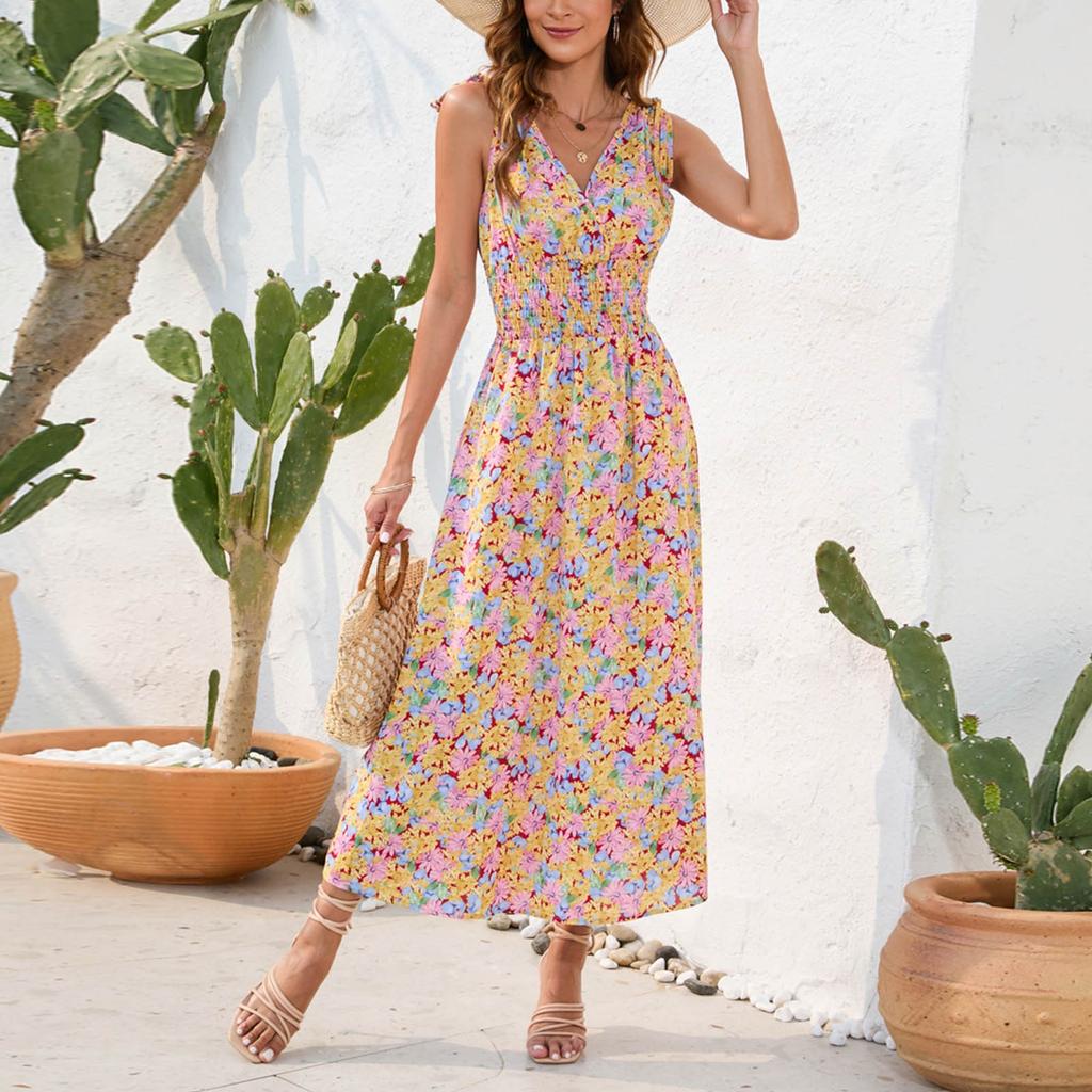 Women's Summer Floral Print Dress Fashion Sleeveless Beach Dress