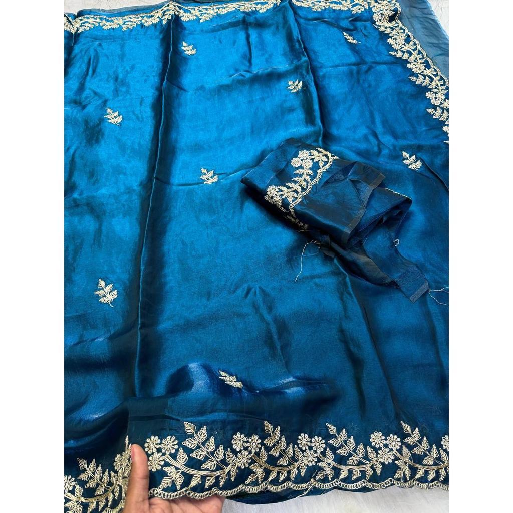 Premium Fandy satin with c pallu spring Dori embroidery work and all over sarees butta work with cutwork border