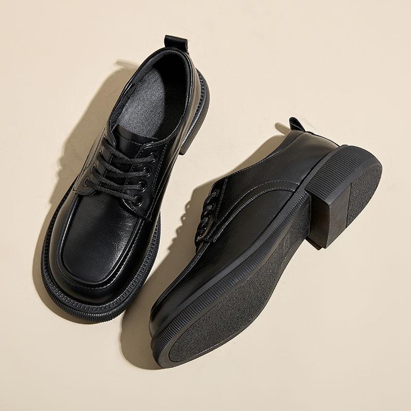 New black retro women's platform single shoes, soft-soled lace-up small leather shoes