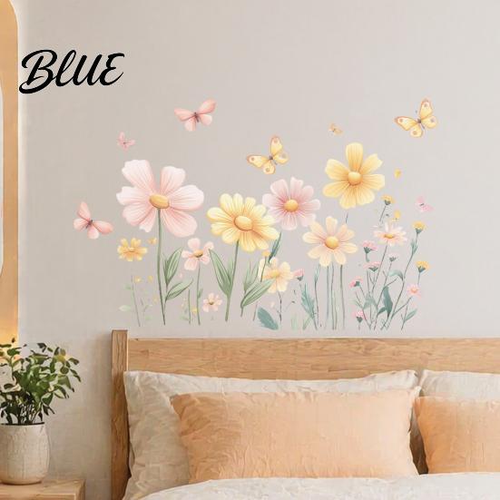 Boho Style Flower Wall Decor 2Pcs Watercolor Flowers Sticker PVC Waterproof Floral Decal with Butterflies Removable Decorative Decals for