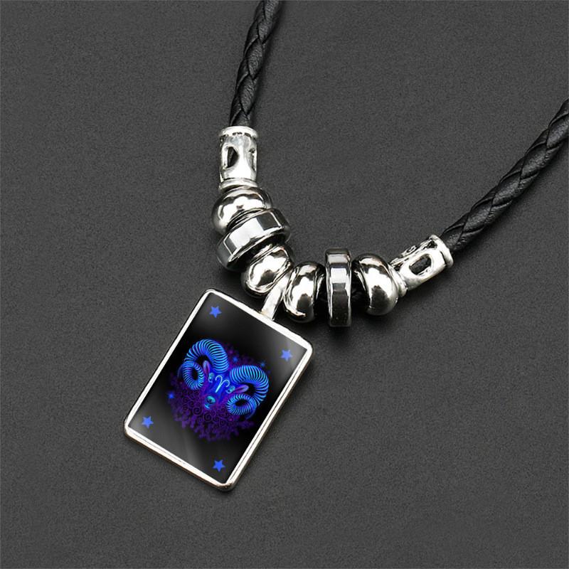 Trendy Unisex Zodiac Pendant Necklace Handmade With Black Leather Rope