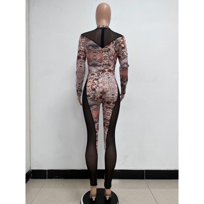 Women's Summer Mesh See Through Tight Print Patchwork Long Sleeve Jumpsuit