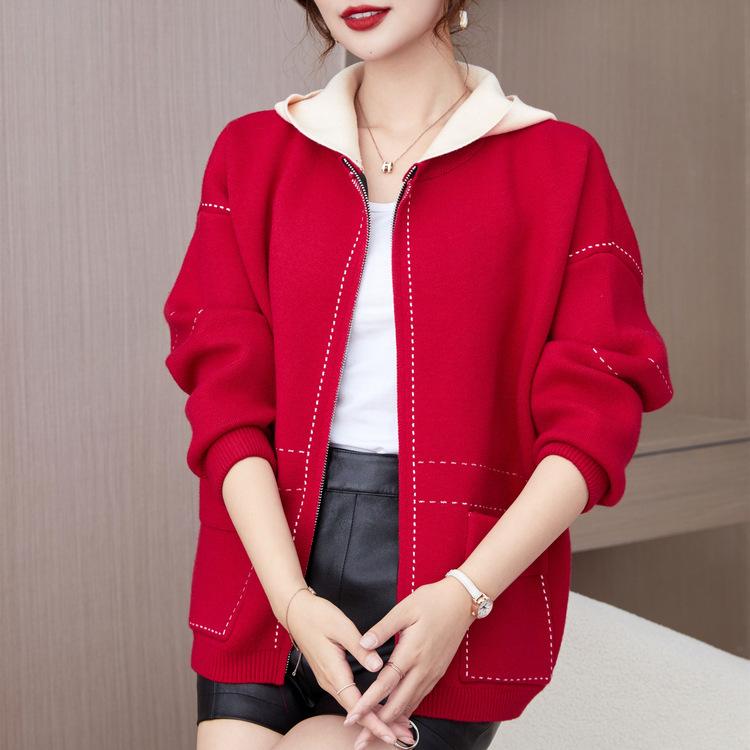 

Middle-aged and Elderly Women Knitted Sweater Cardigan Mother Spring and Autumn Coat Fashionable Red Zodiac Year Top Clothes New Year Outfit L