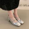 French Bow Rhinestone Ballet Square Head Thick Heel Mary Jane Single Shoes 2025 New Versatile High Heel Single Shoes