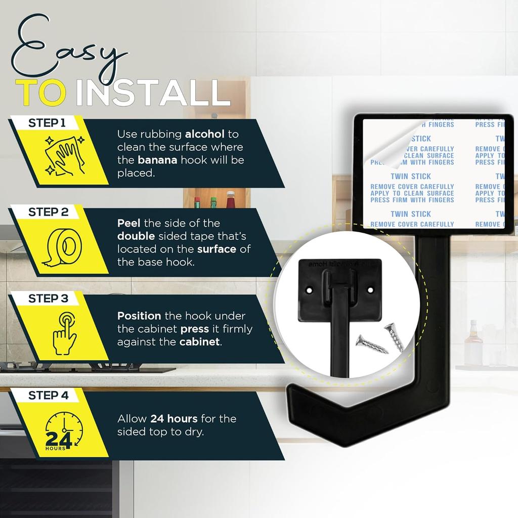 Banana Hanger - Under Cabinet Hook for Bananas or Other Lightweight Kitchen Items. Hook Folds-up When Not In Use. Self-Adhesive and Pre-drilled Holes