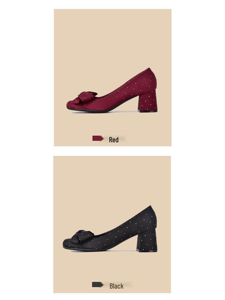Burgundy Square Toe Silk Heels with Rhinestone Bow