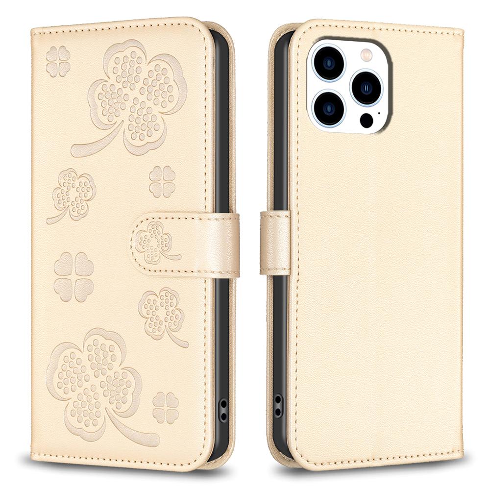 

For iPhone 13 Pro Max Leather Phone Cover Clover Pattern Anti-Drop Protective Case Gold