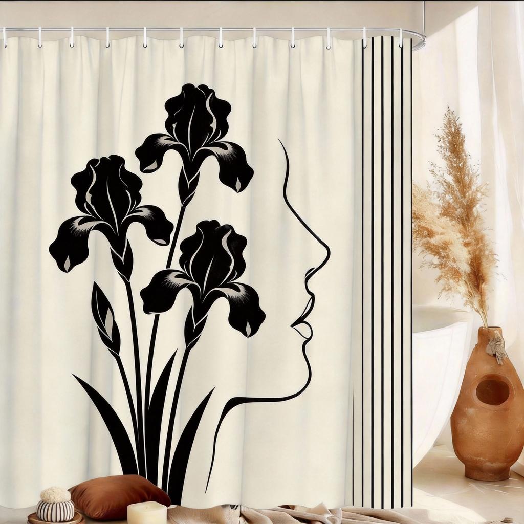 Minimalist Women'S Side Face Shower Curtain Abstract Line Leaf Pattern Polyester Shower Curtain 12 Hook Bathroom Decoration