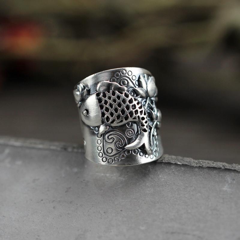 Beautiful S925 Silver Wide Adjustable Ring Featuring Elegant Fish And Geometric Patterns