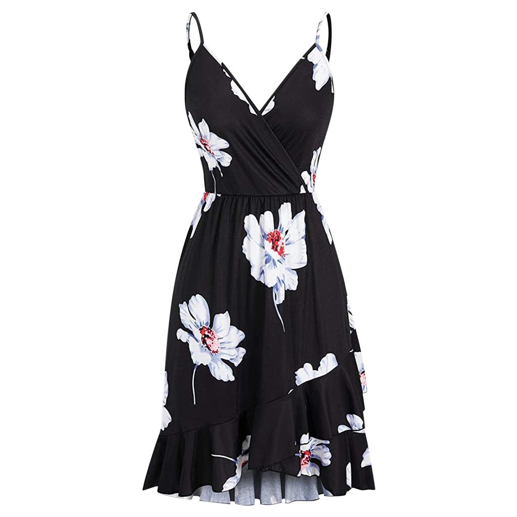 Women Casual Print V-Neck Sleeveless Sling Dress
