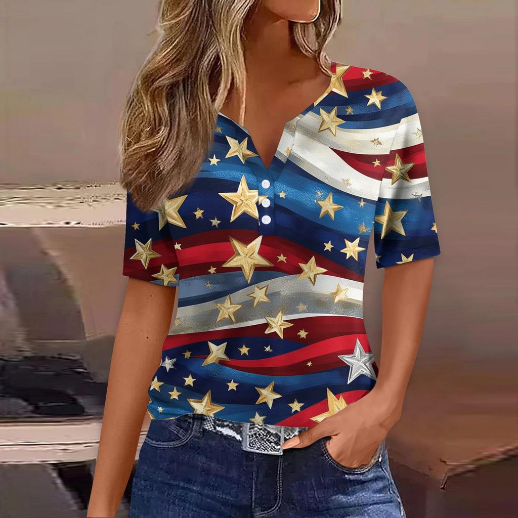 Women's Fashion Casual Independence Day Print V-neck Short Sleeve Decorated Button T-shirt Top