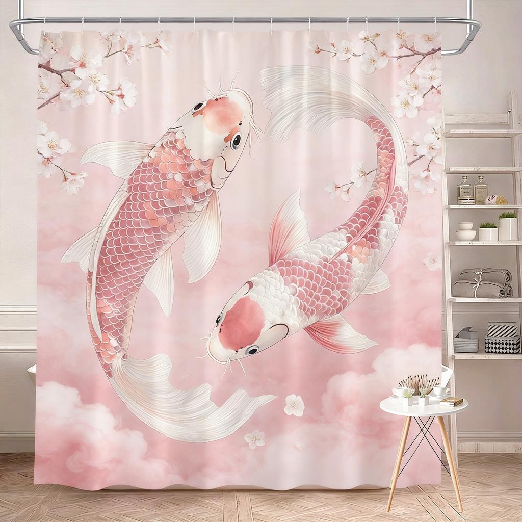 Luxury Golden Koi Fish with Cherry Blossoms Waterproof Shower Curtain for Feng Shui Bathroom Decor