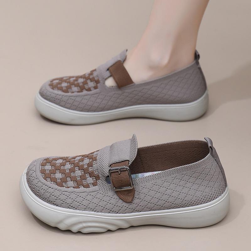 2026 Quadratischer Knopf Damenschuhe Frühling Herbst Freizeitschuhe Mesh Atmungsaktiv Weiche Sohle Leichte Plateau Damenschuhe