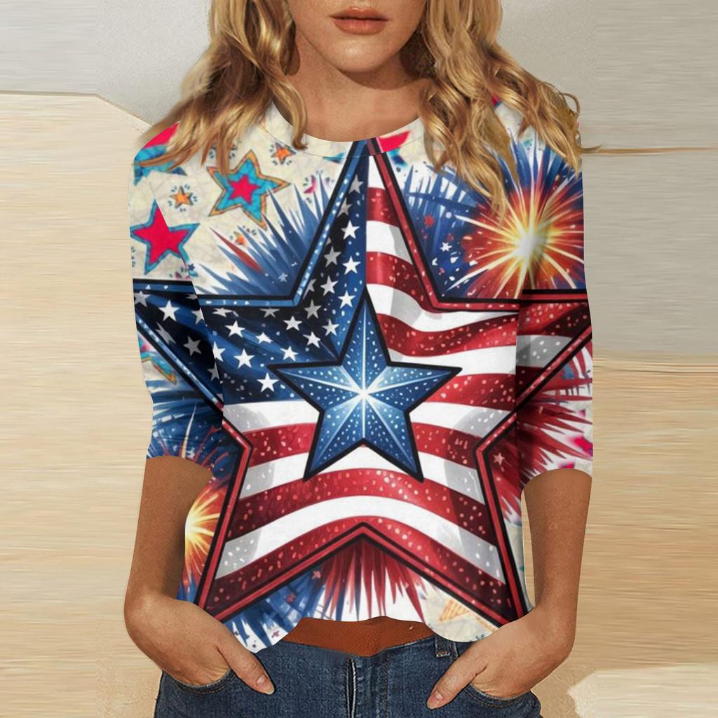 Women's Independence Day Print Round Neck Seven-Eighths Sleeve Top