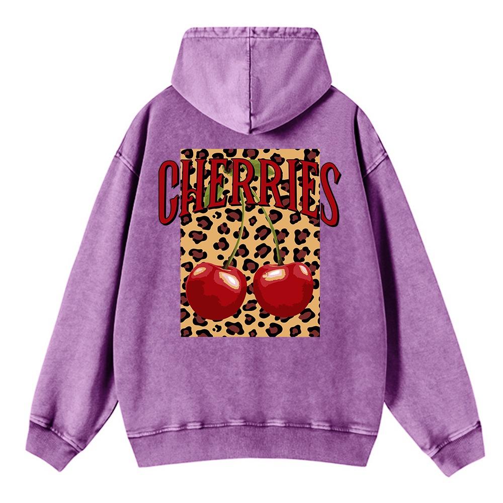 Vintage Womans Acid Wash Hoodies Fashion Leopard And Cherry Prints Pullovers Pocket Oversize Cotton Hooded Tops