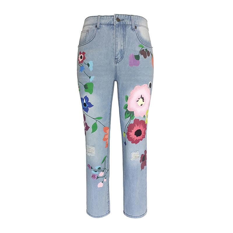 Calças Jeans Retas de Moda Femininas Estampadas Rasgadas de Outono Não Elásticas
