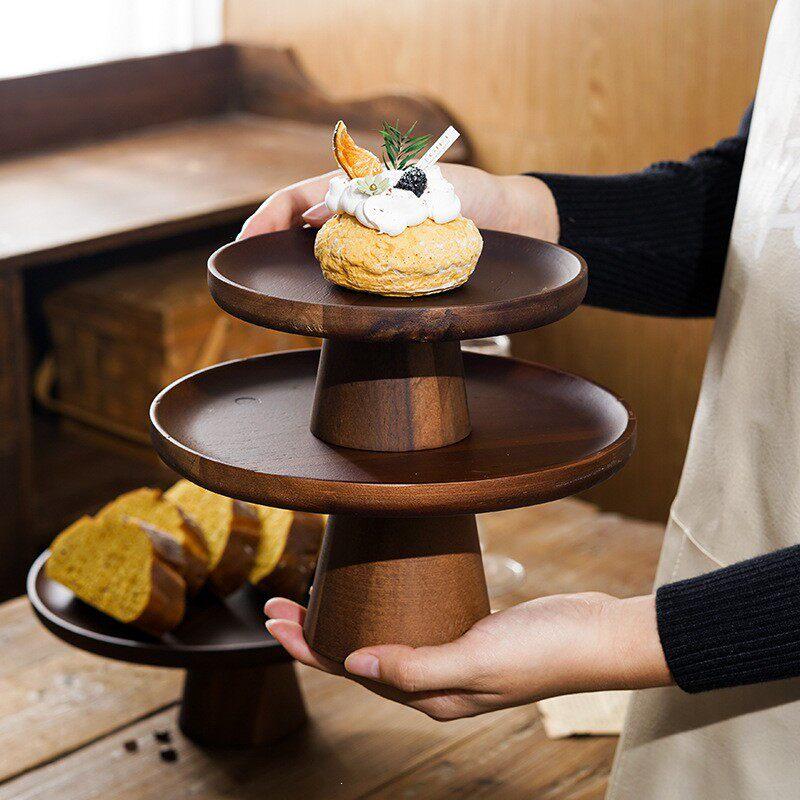Japanese Style Acacia Wood Cake Stand - High-Footed Dessert Tray and Snack Plate for Living Room Display