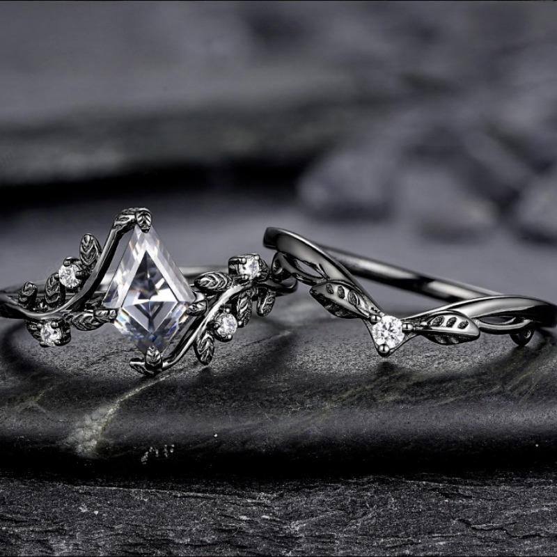 Vintage Gothic Black Color Branch and Leaf Set Zirconia Ring, Personalized Punk Style Women's Holiday Party Jewelry Accessories
