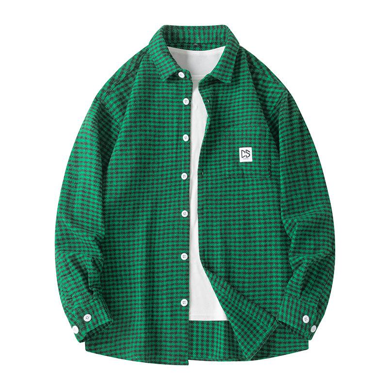 

Мужская рубашка с длинным рукавом в клетку в стиле ретро - Японский стиль для весны и осени M