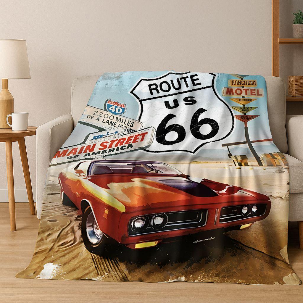 Retro Route 66 Road Trip America Historic Mother Road Art Flannel Blanket,Cozy Soft Throw Blanket for Home Bedroom Bed Sofa Gift
