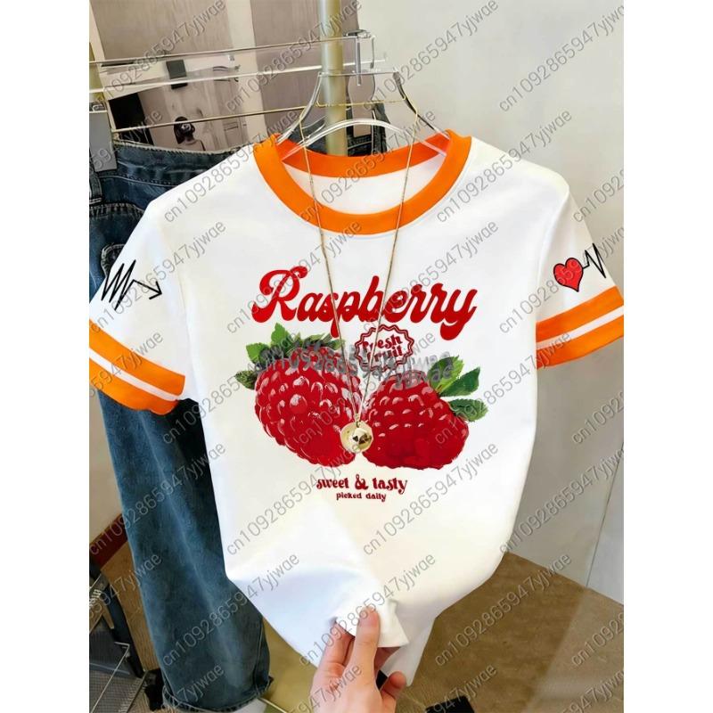 Womens Short Sleeve Color-Block Fresh Raspberry Print Y2k T Shirt Girl Round Neck Tee Outdoor Sports Adult Women's T-Shirt
