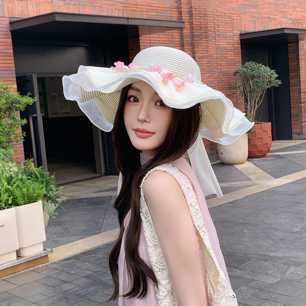 French Pastoral Flower Lace Bow Straw Hat Women's Summer Sun Protection Sun Hat Vacation Seaside Beach Hat