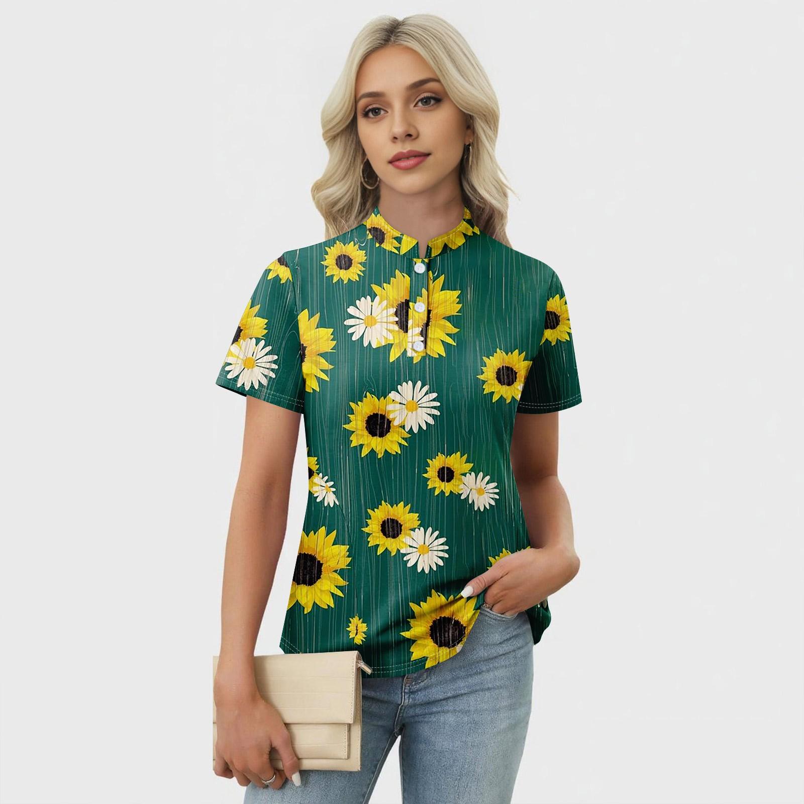 

Женская повседневная футболка с v-образным вырезом и коротким рукавом с цветочным принтом и декоративными пуговицами, топ XXL зелёный