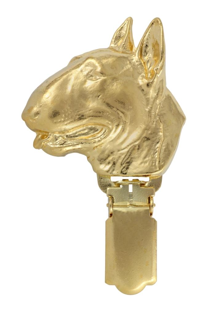 Bull Terrier, Bully – Brooch with a clip, gold-plated holder for a race number | Art-Dog