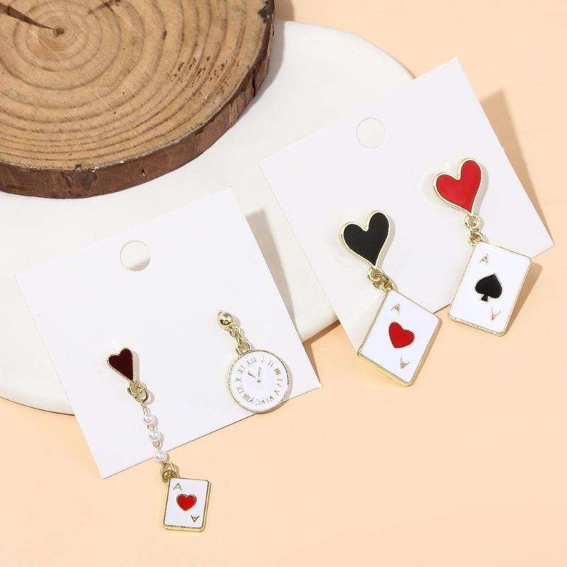 2 Pairs Trendy Clock Poker Card Drop Earrings Asymmetric Ear Accessories Stylish Earwear for Festivals and Gatherings