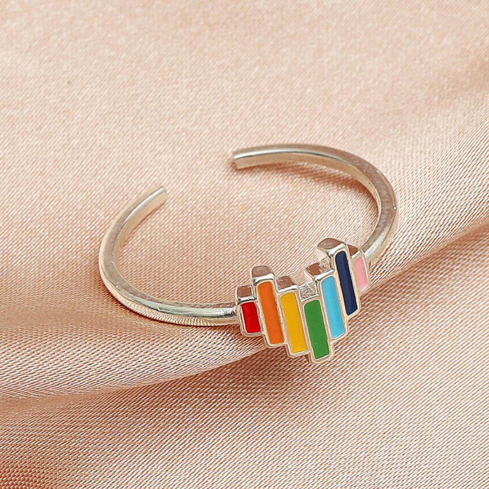 Korea Cute Sweet Multicolor Enamel Rainbow Stainless Steel Opening Adjustable Heart Ring for Fashion Finger Jewelry Accessories