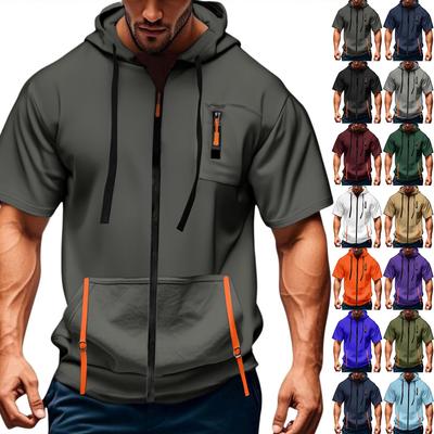 Men's Casual Short-sleeved Sweatshirt. Loose And Breathable -color Sweatshirt Jacket With Multiple Pockets And A Zipper.
