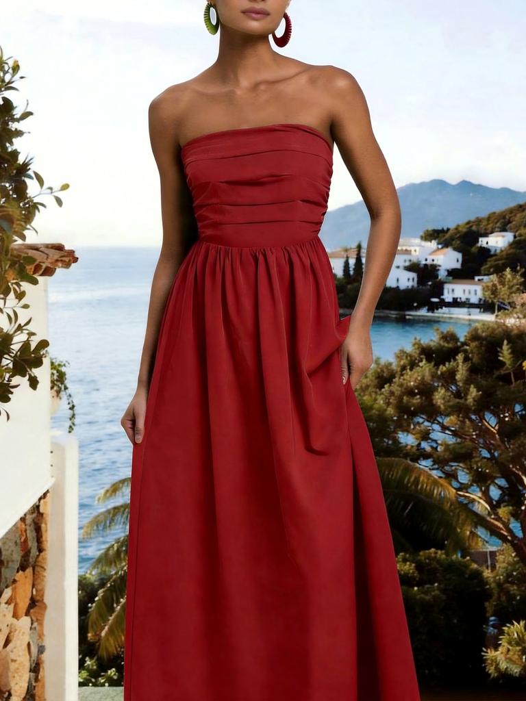 Summer New Tube Top Dress Solid Color High Waist Thin Holiday Dress, European and American Style Multi-color