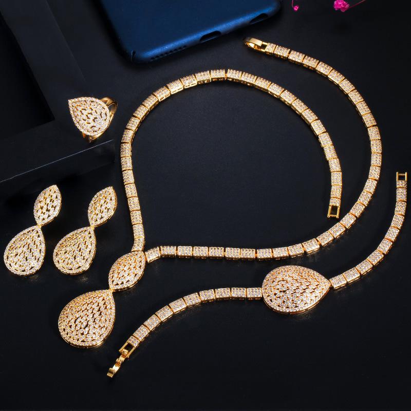 Gold-Plated Diamond Drop Necklace Earrings Bracelet Ring Jewelry Zircon Four-Piece Set